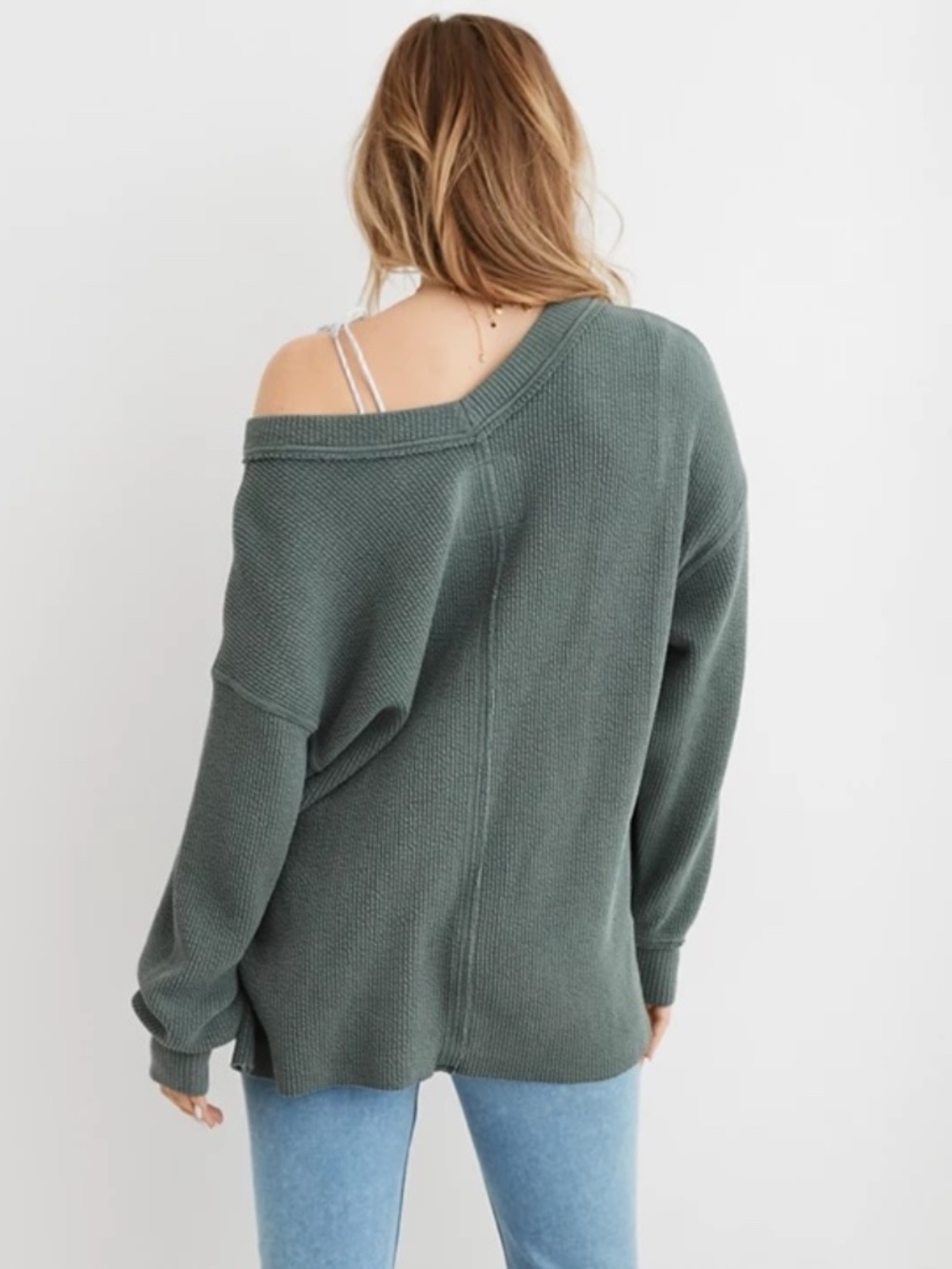 Aerie Wonder Textured V-Neck Sweatshirt Grey Size M - Picture 2 of 8